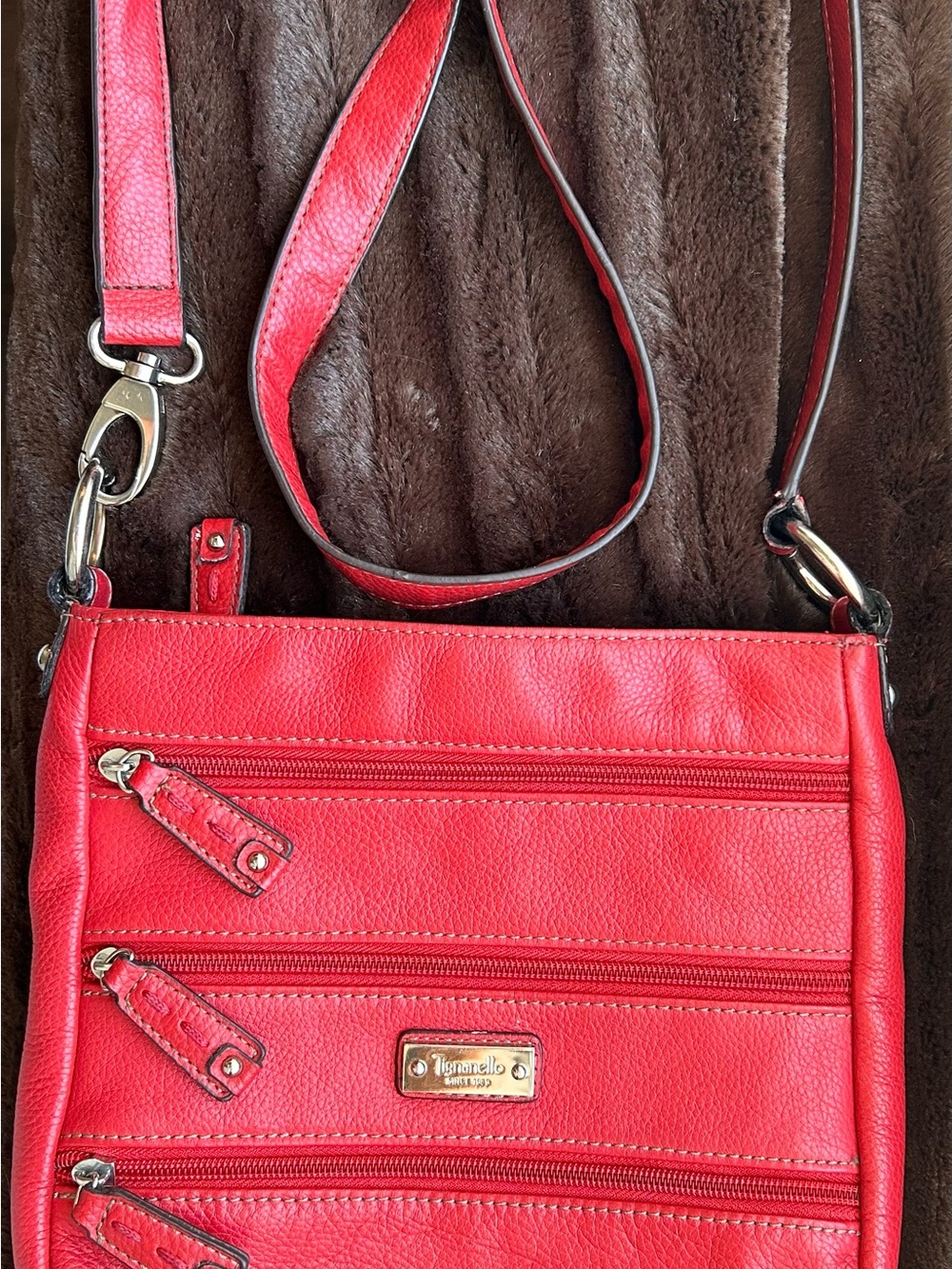 Tignanello Red Genuine Pebbled leather crossbody Multi Pocket Purse handbag